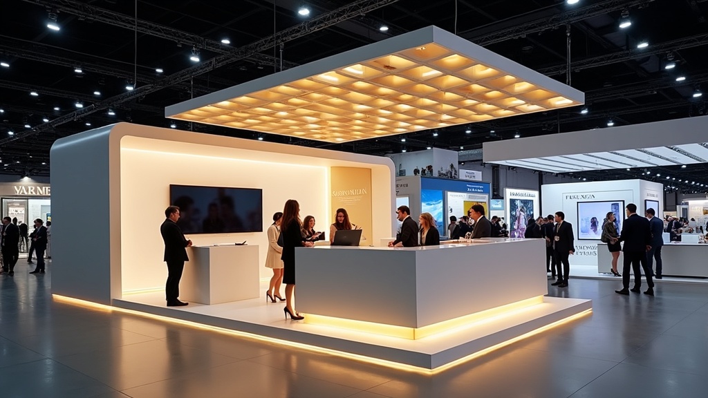Premium modern exhibition stand at a large trade show with elegant lighting and visitors